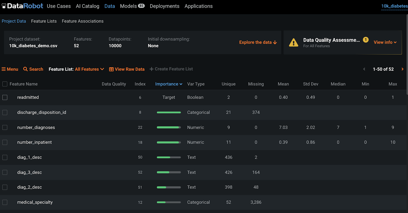 Screen shot of DataRobot AutoML software.