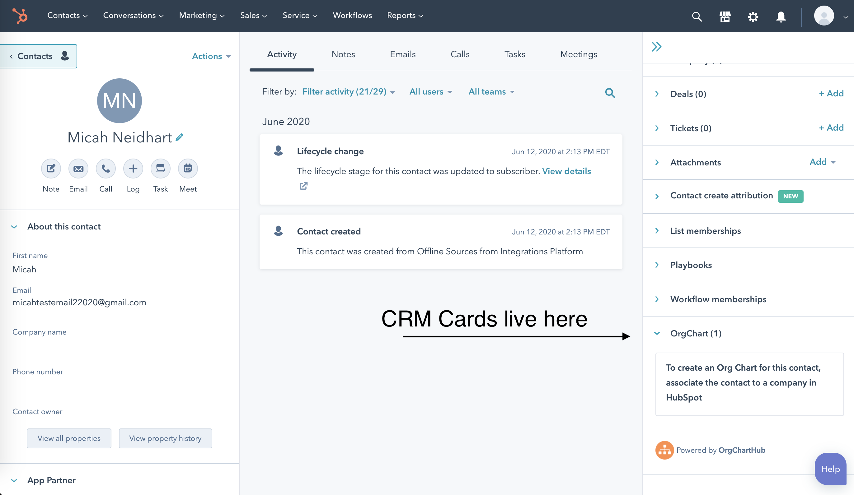 Screen shot of HubSpot CRM software.