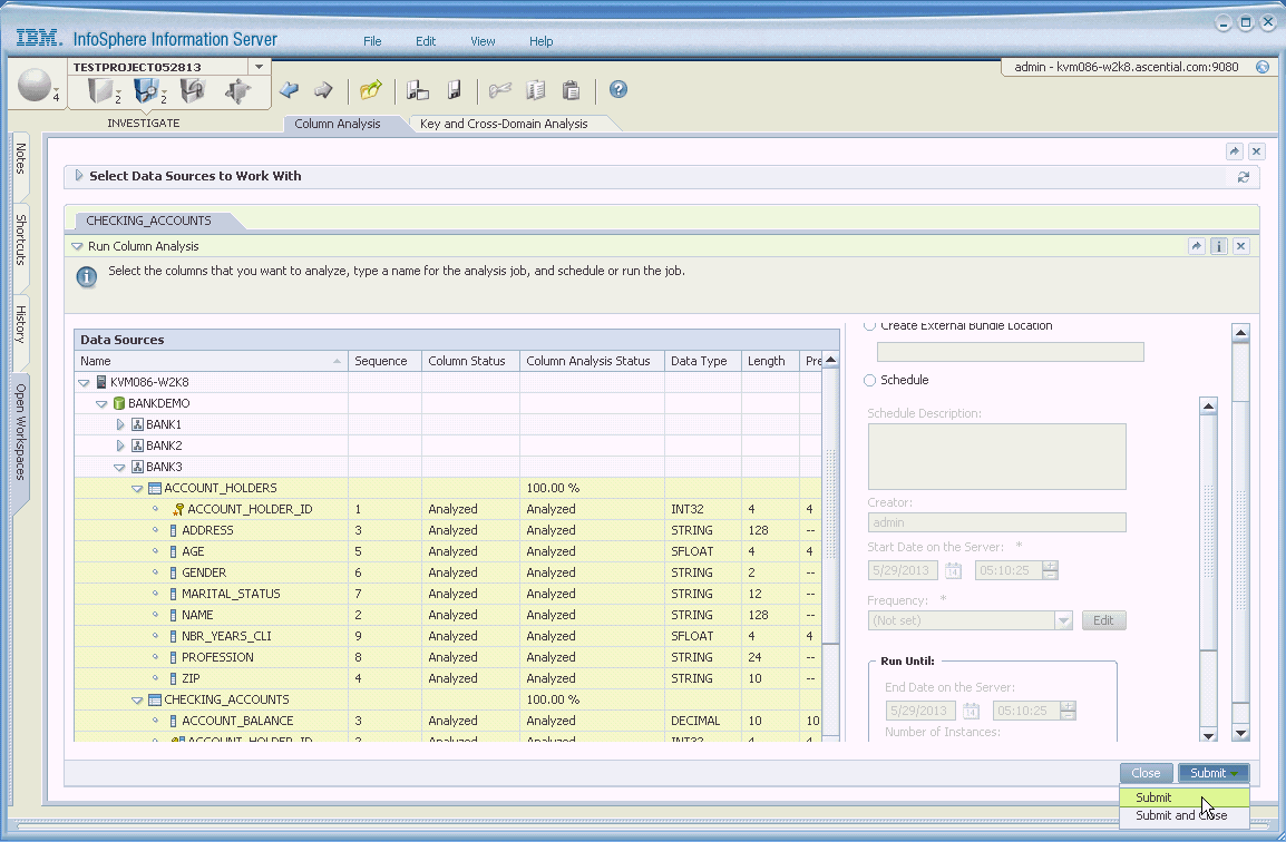 Screen shot of Infosphere Information Analyzer software.