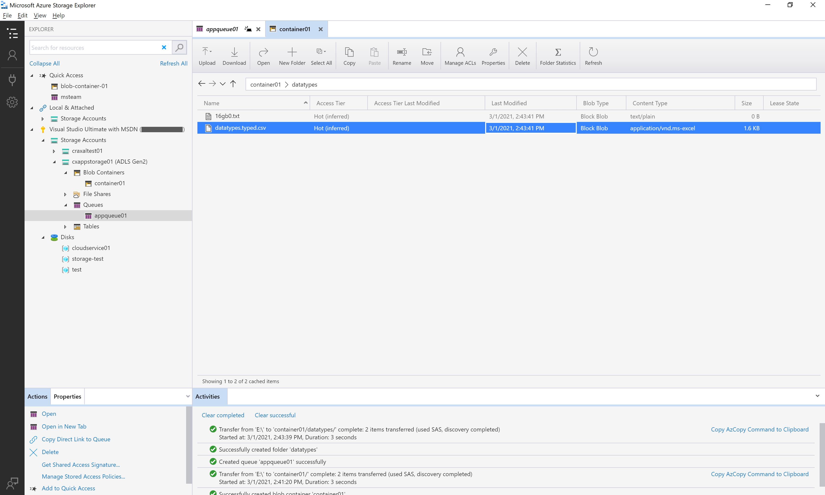 Picture of Azure Storage Explorer tools.
