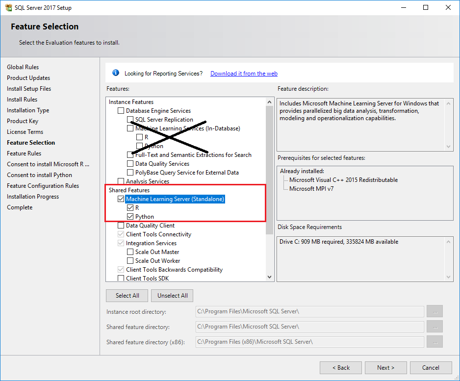 Screen shot of Microsoft Machine Learning Server software.