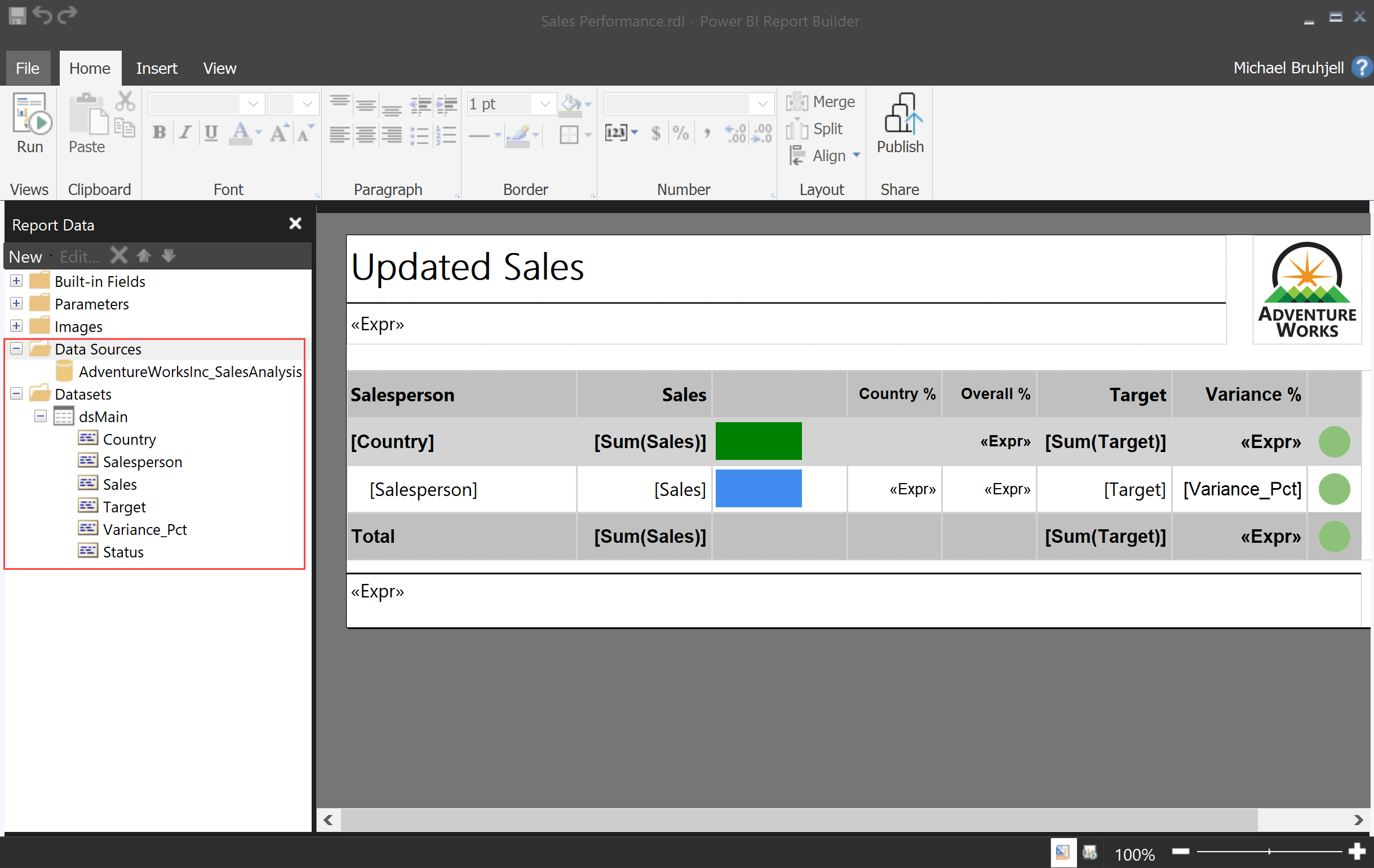 Screen shot of Power BI Report Builder software.