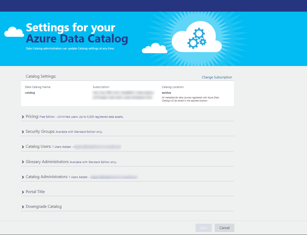 Screen shot of Azure Data Catalog software.