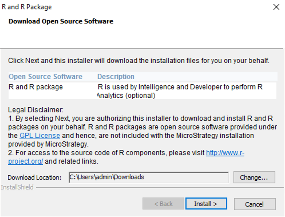 Screen shot of MicroStrategy R Integration Pack software.
