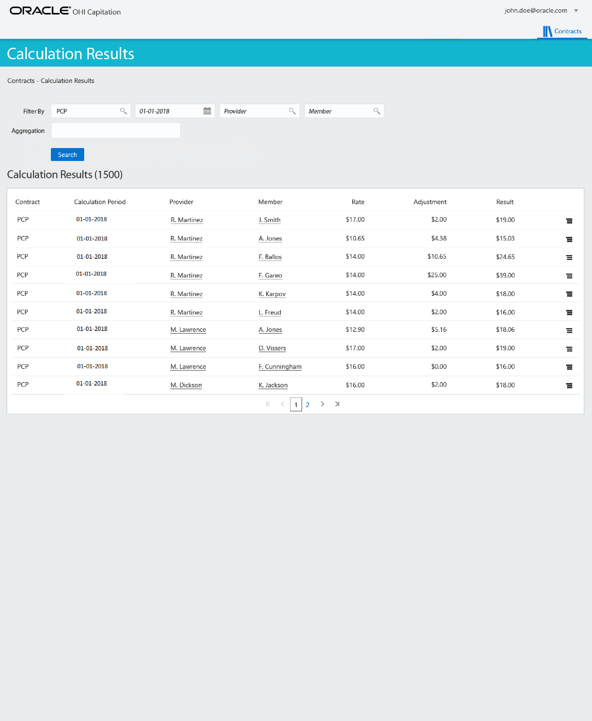 Screen shot of Oracle Health Insurance Analytics software.