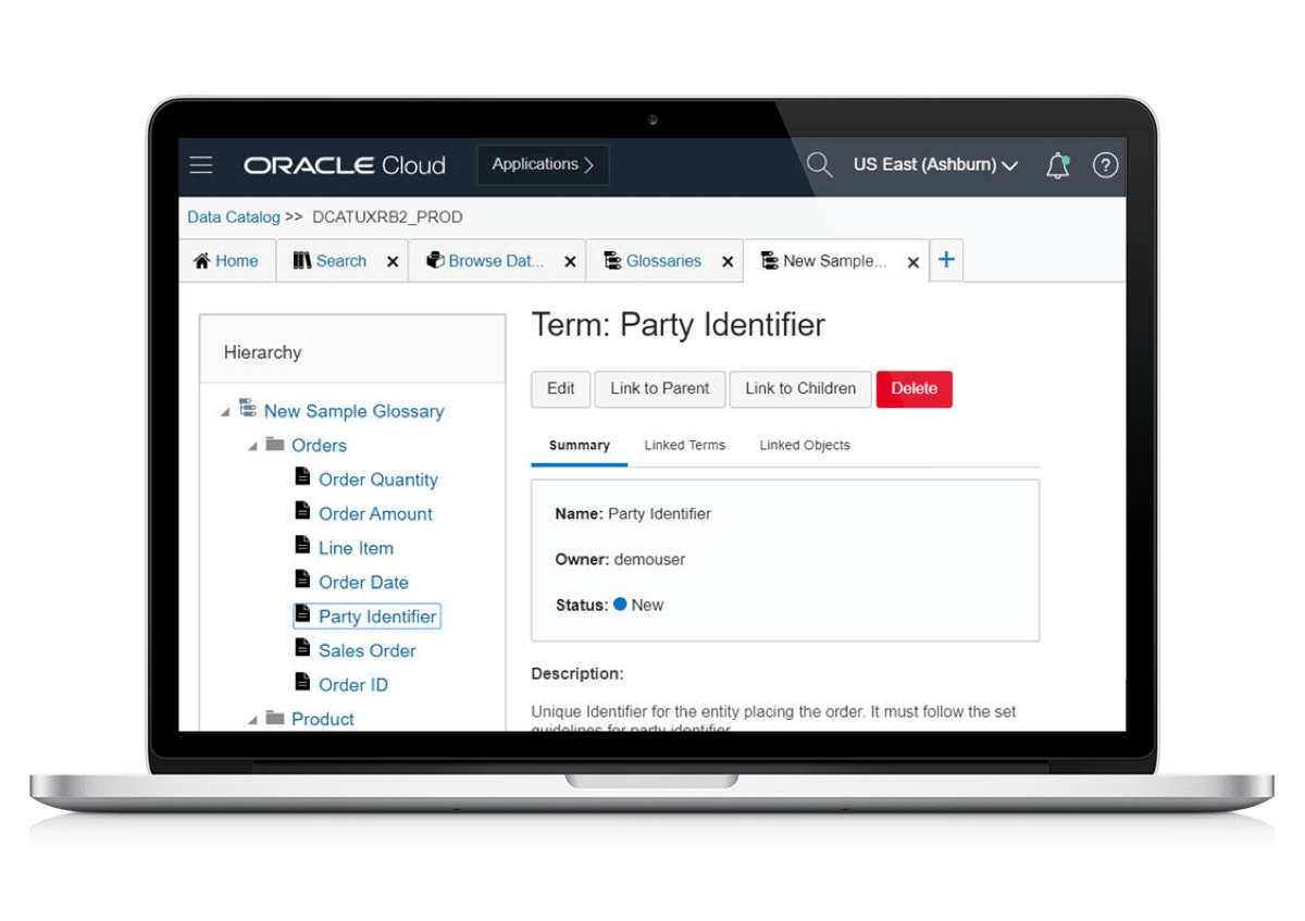 Screen shot of Oracle Data Catalog software.