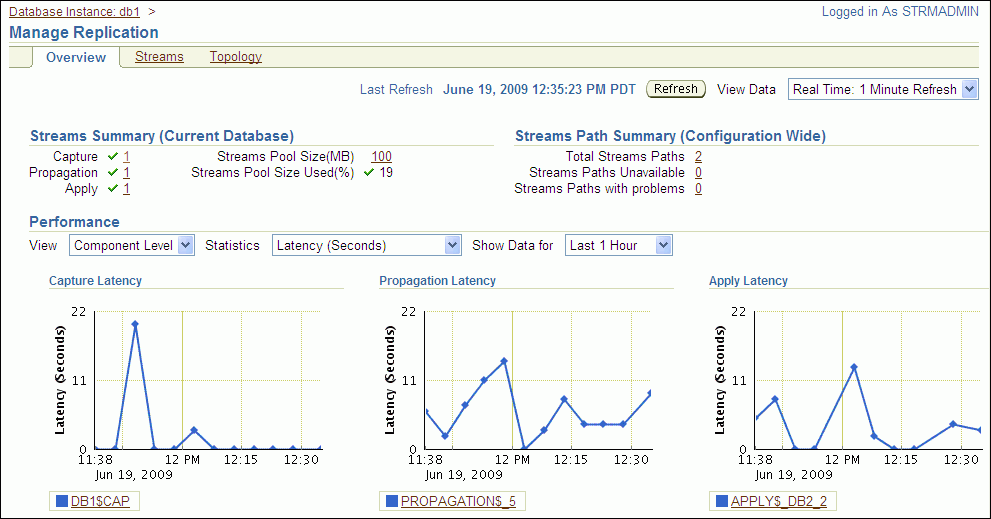 Screen shot of Oracle Streams software.