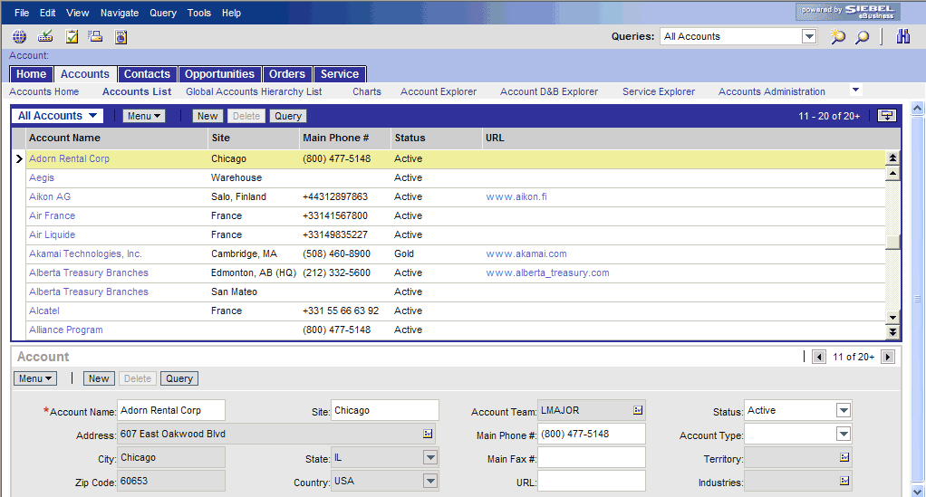 Screen shot of Oracle CRM software.