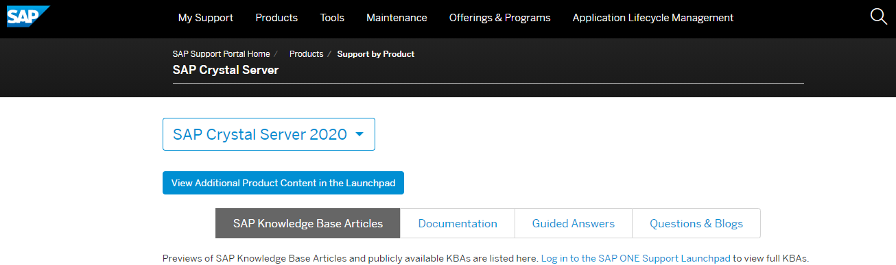 Screen shot of SAP Crystal Server software.
