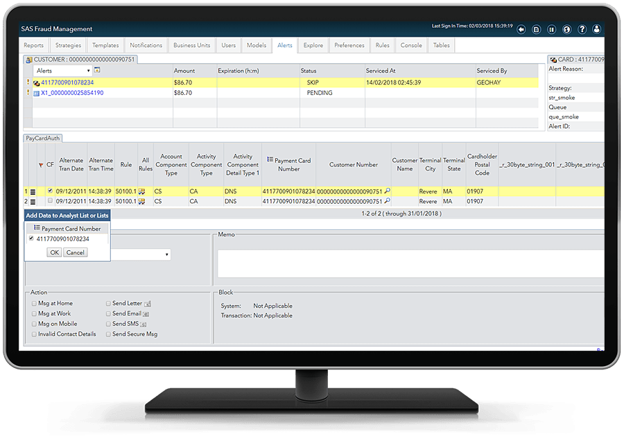 Screen shot of SAS Fraud Framework software.