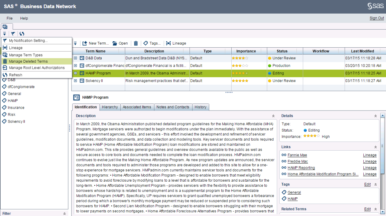 Picture of SAS Visual Data Governance tools.