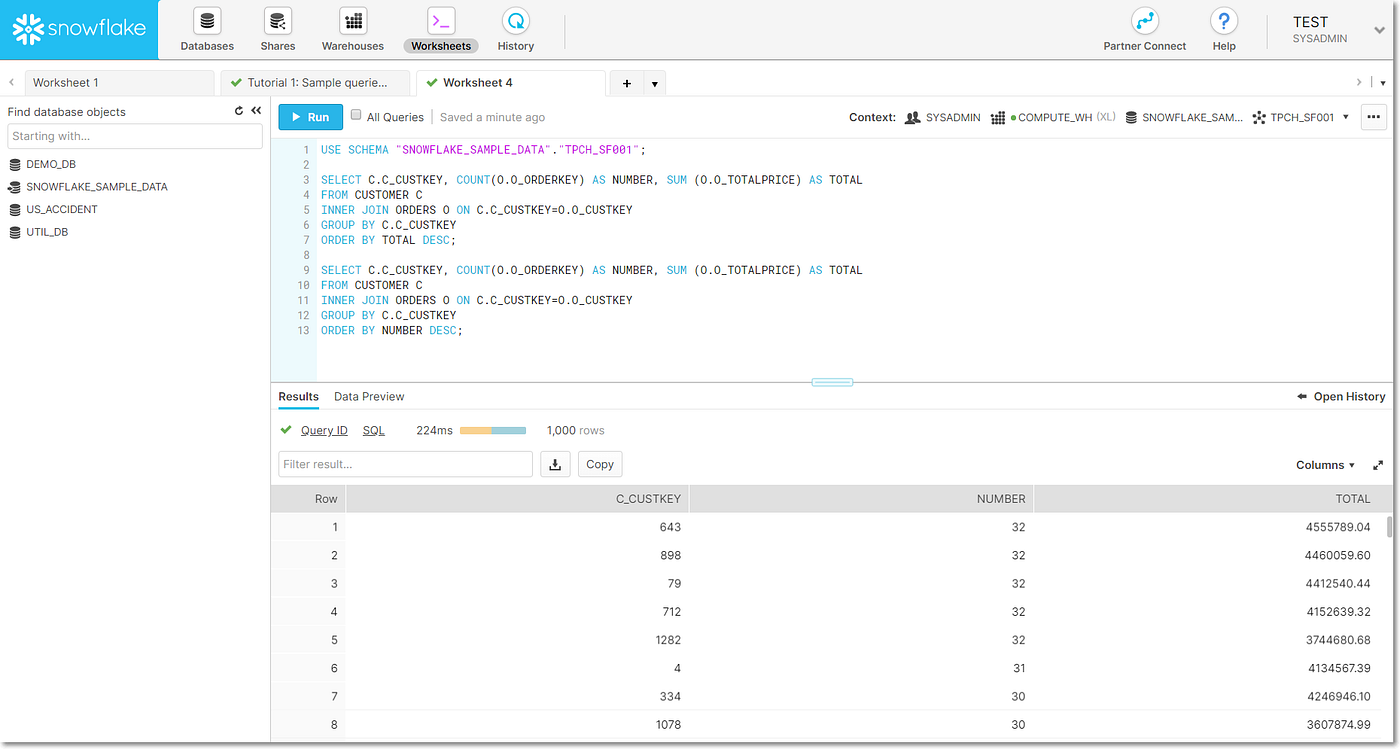Screen shot of Snowflake Data Warehouse software.