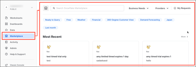 Screen shot of Snowflake Marketplace software.