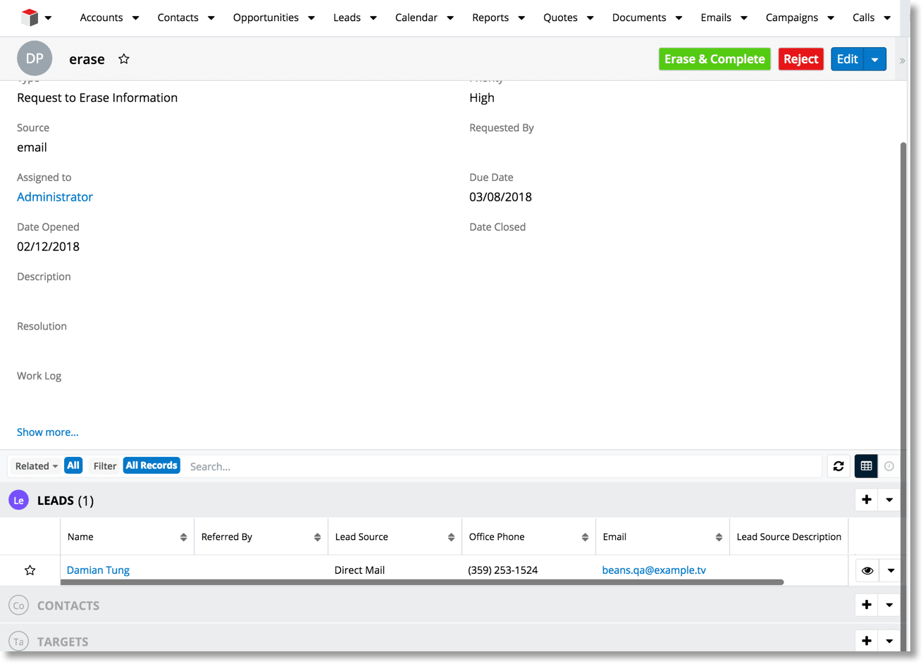Screen shot of SUGARCRM Platform software.
