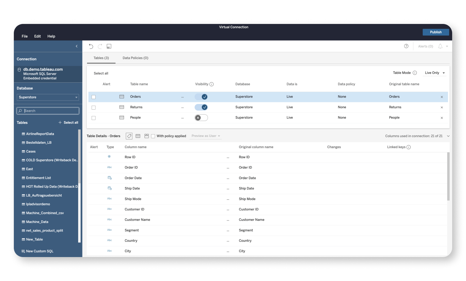 Screen shot of Tableau Data Management software.
