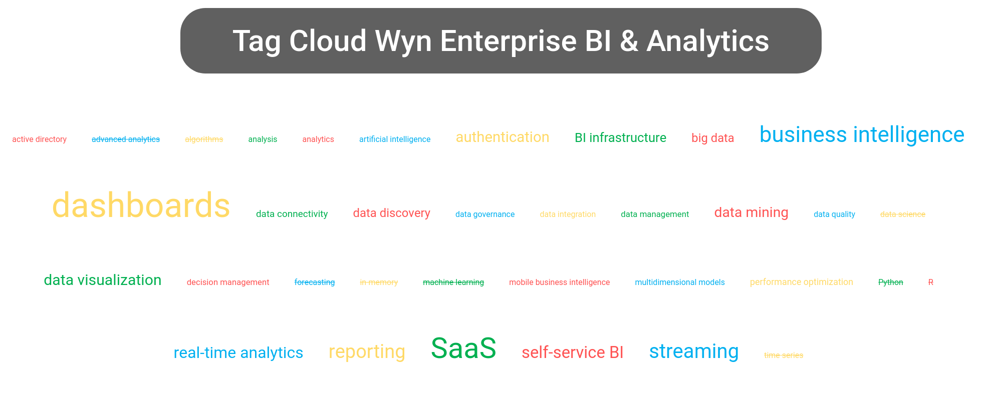 Tag cloud of the Wyn Enterprise Business Intelligence tools.