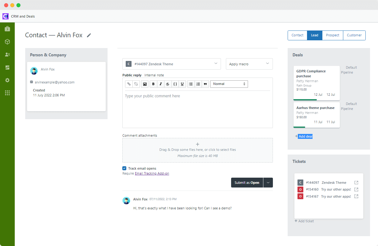 Screen shot of Zendesk CRM software.