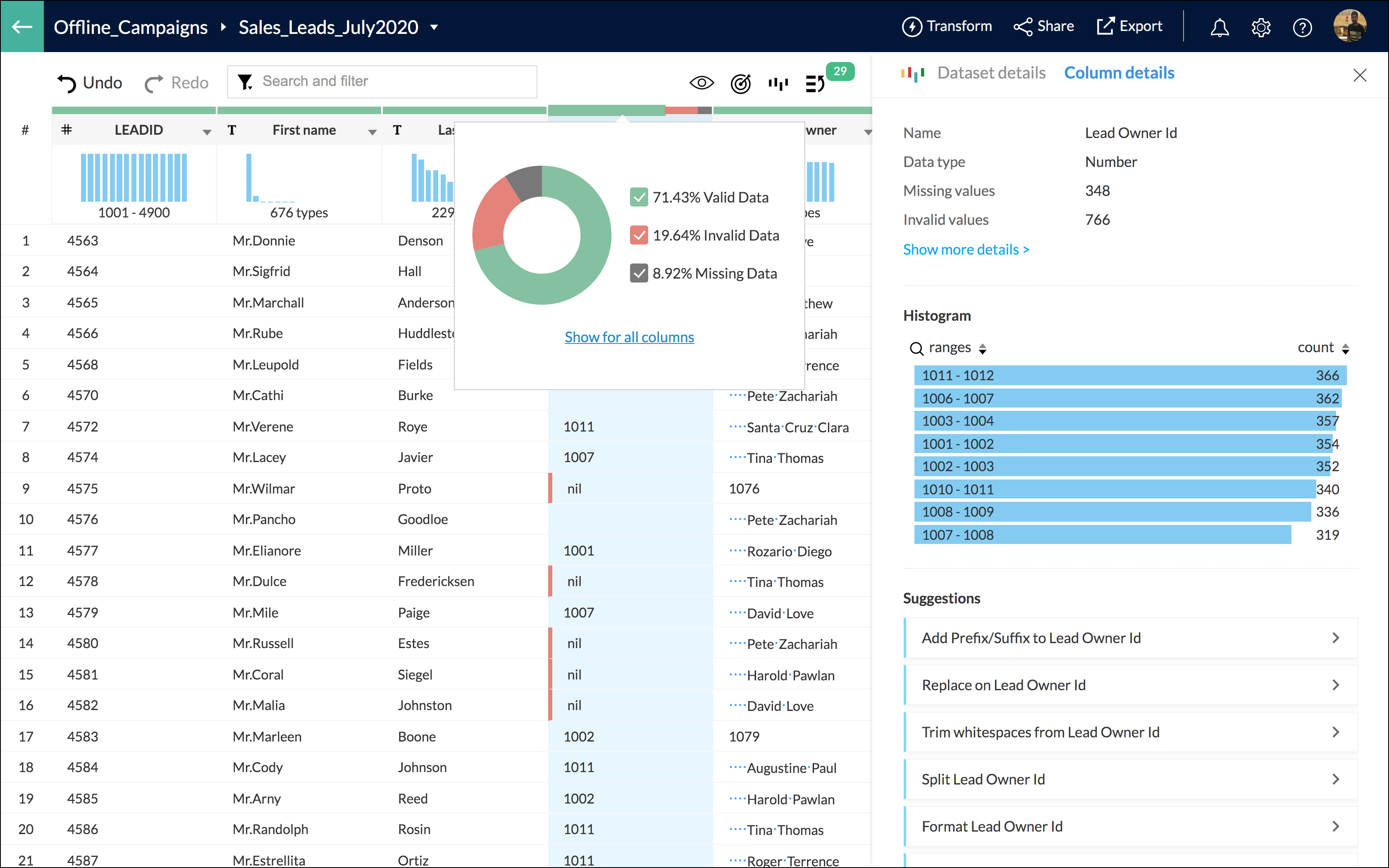 Screen shot of Zoho DataPrep software.