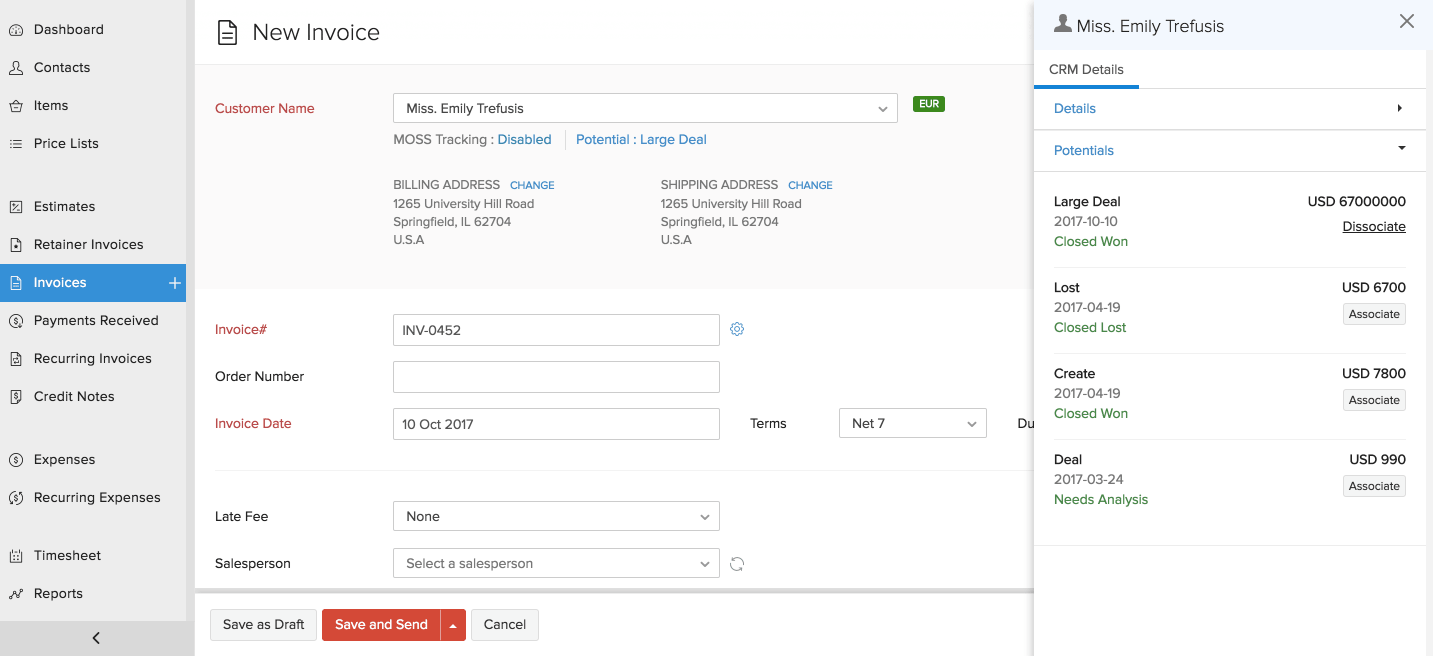 Screen shot of Zoho CRM software.